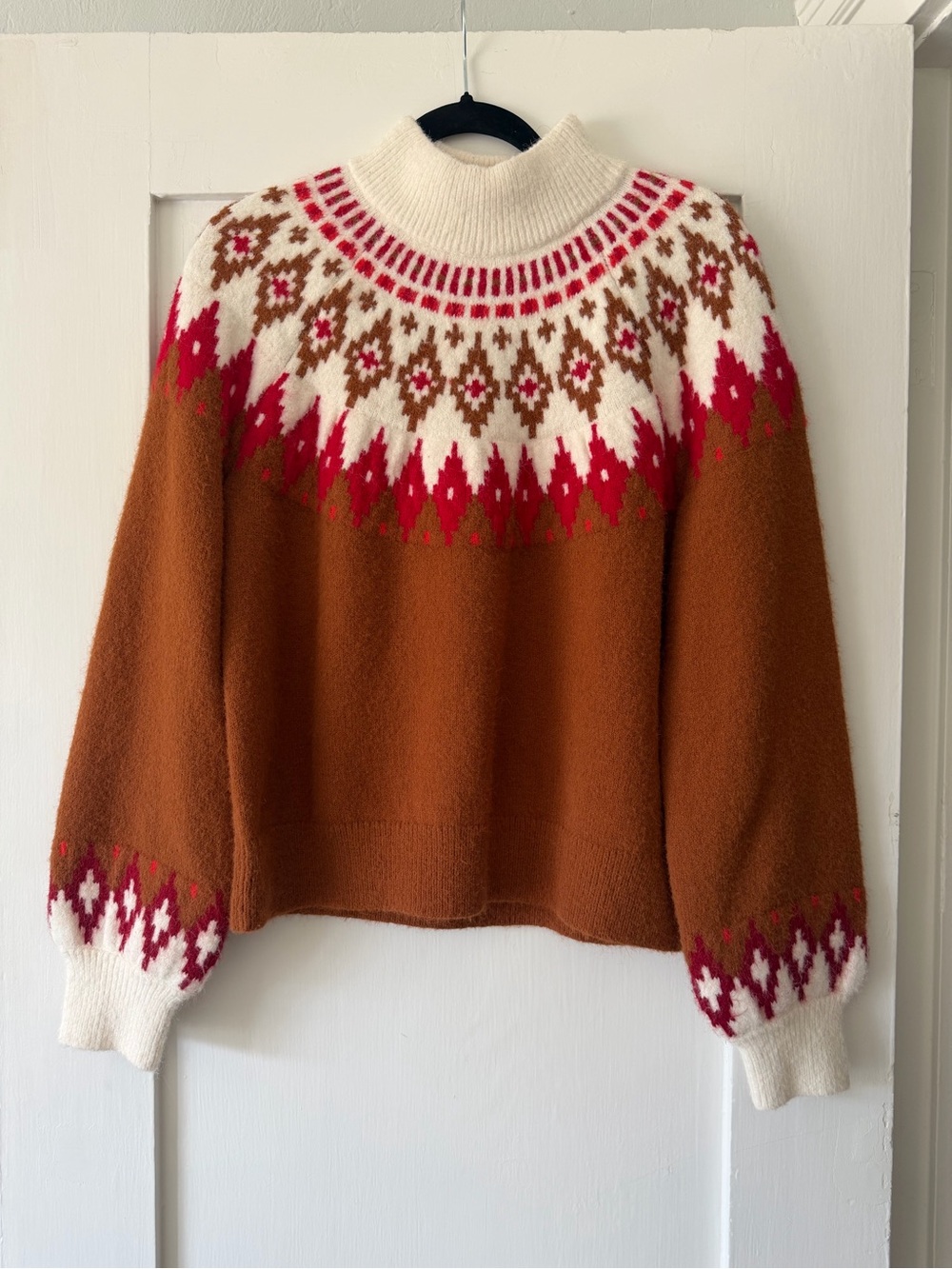 Lands' End S Fuzzy Turtleneck Lantern Sleeve Jacquard Sweater